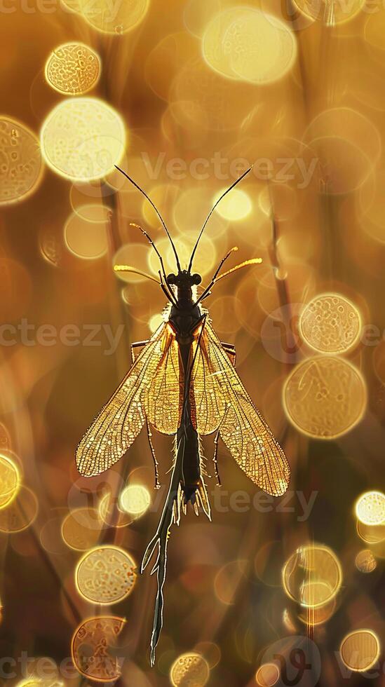Golden silhouette of a delicate insect with bokeh background photo