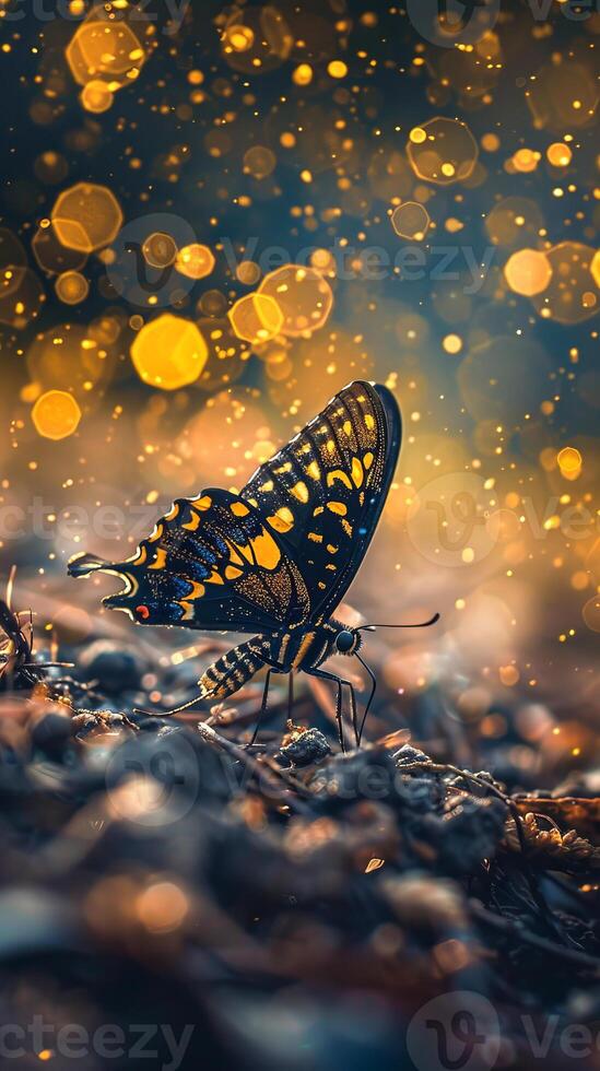 Butterfly in golden bokeh lighting with vibrant wings photo