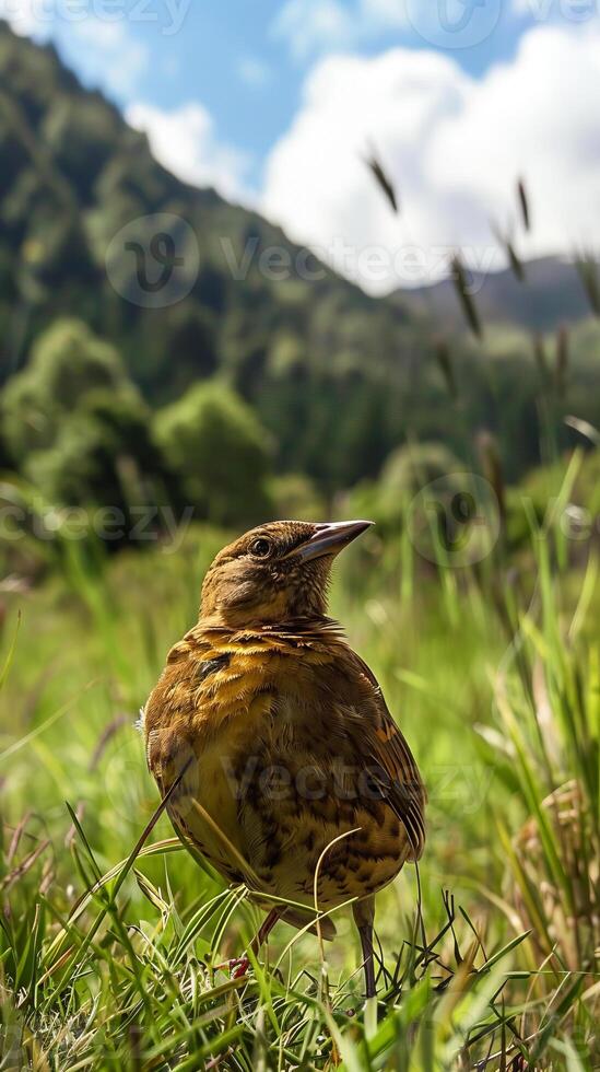 Bird Close-Up in Mountain Valley on Sunny Day photo