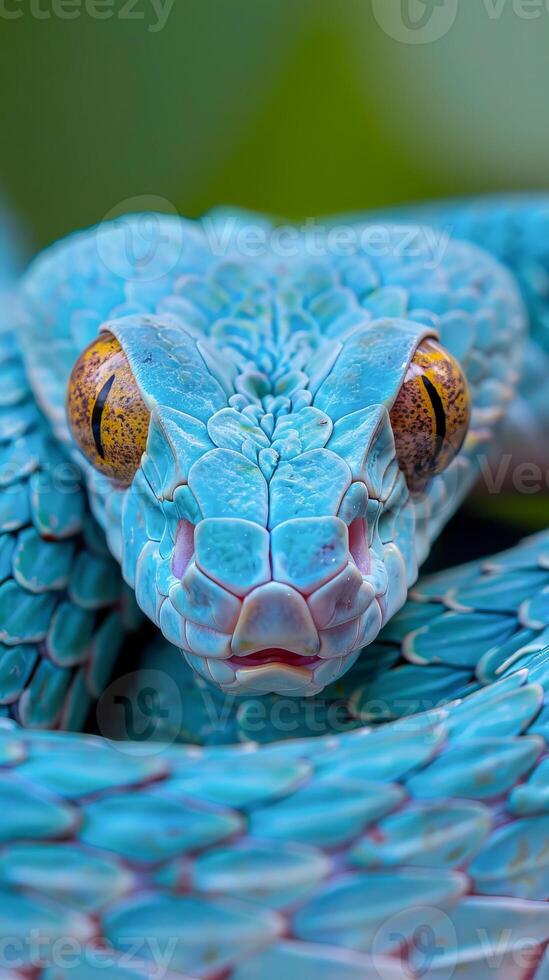 Blue viper showcasing vivid scales and intense gaze photo