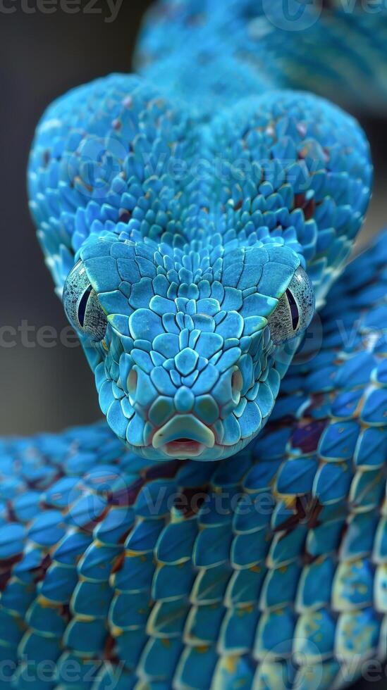 Detailed close-up of a blue viper with vibrant scales photo
