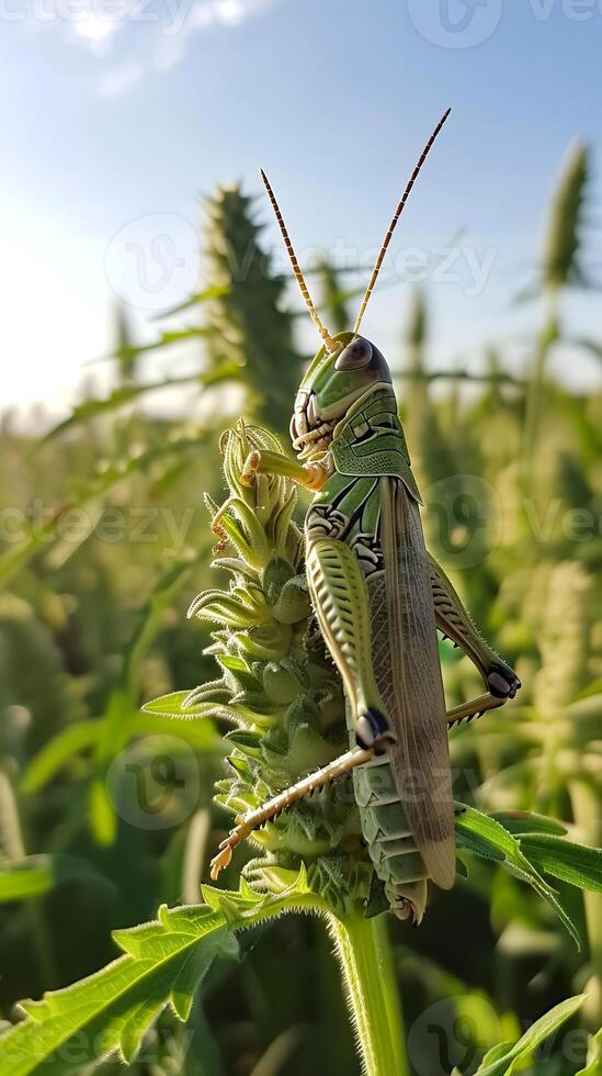 Green grasshopper sitting on a plant in a sunny field photo
