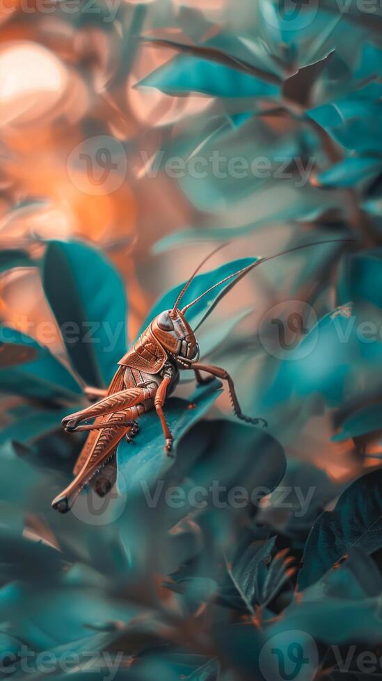 Grasshopper perched on a green leaf with vibrant background photo