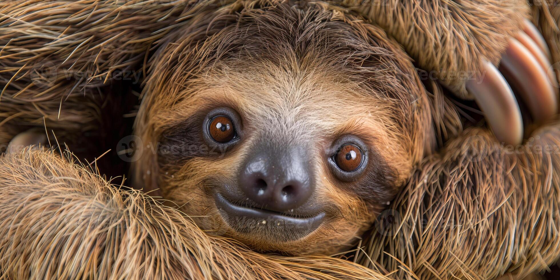 Adorable sloth cuddled up with soft fur and innocent expression photo