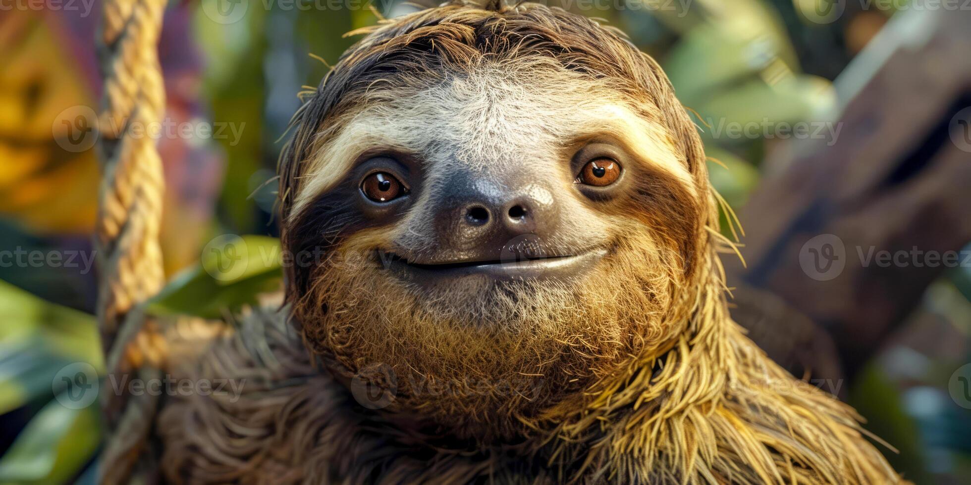 Happy sloth smiling while hanging on a tree branch in the jungle photo
