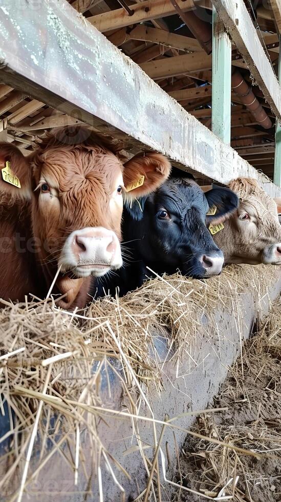 Cows Eating Hay in a Barn Stall photo