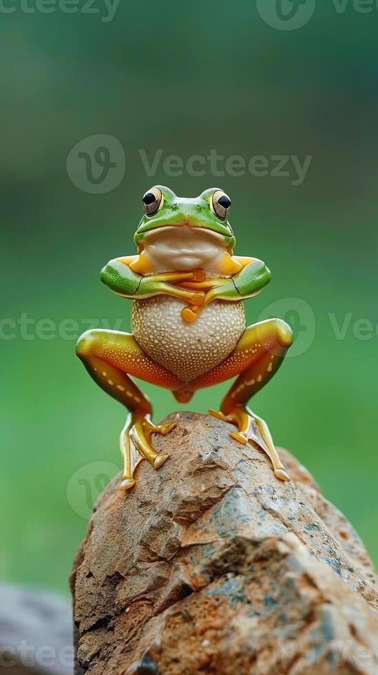 Green tree frog sitting on rock with crossed arms photo
