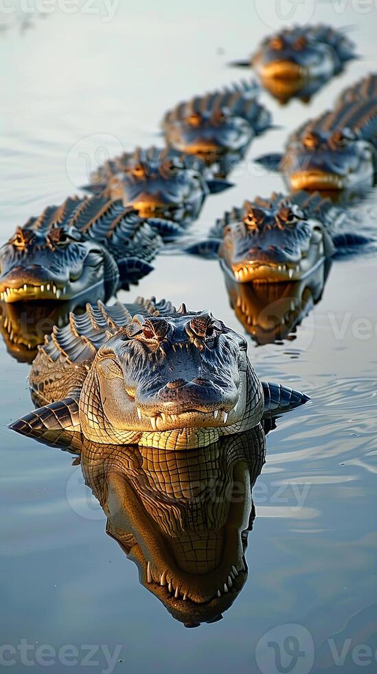 Alligators swimming in line on reflective water photo