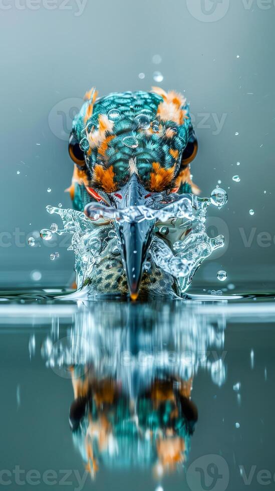 Kingfisher diving headfirst into water for prey photo