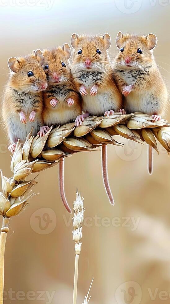 Cluster of harvest mice on a wheat spike photo