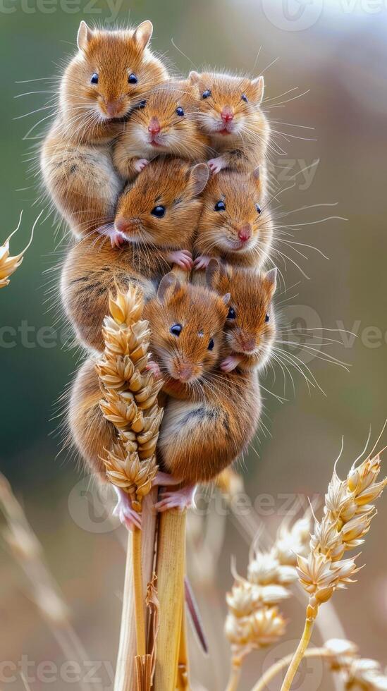 Harvest mice family climbing a wheat stalk photo