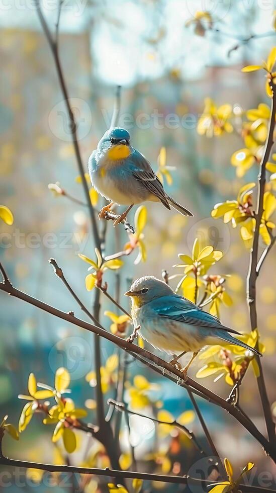 Two colorful birds on a blooming branch photo