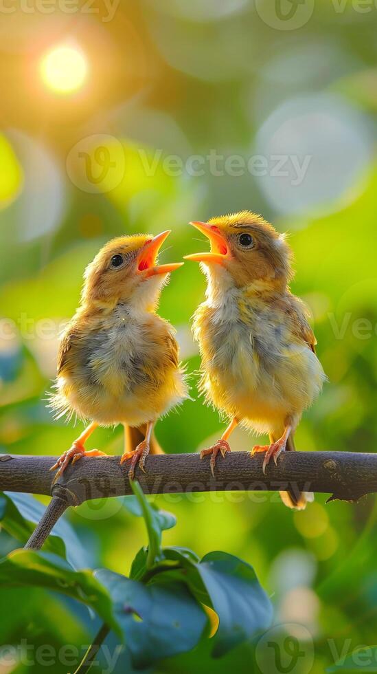 Young birds singing on a sunny branch photo