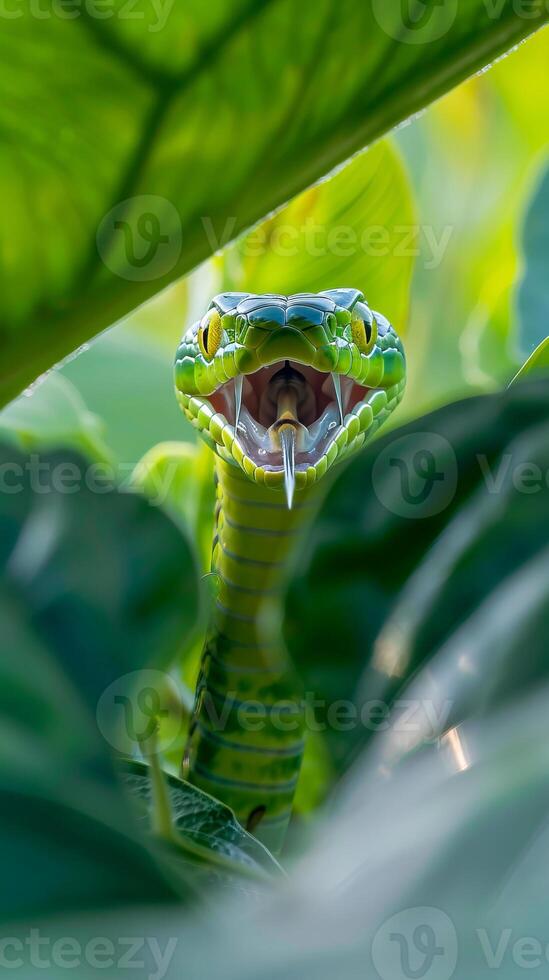 Green vine snake ready to attack in dense foliage photo