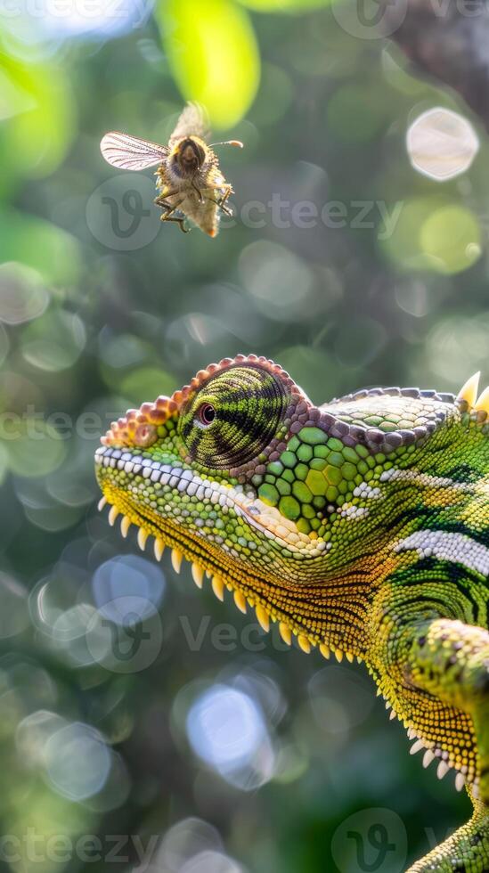 Jackson's chameleon targeting a hoverfly photo