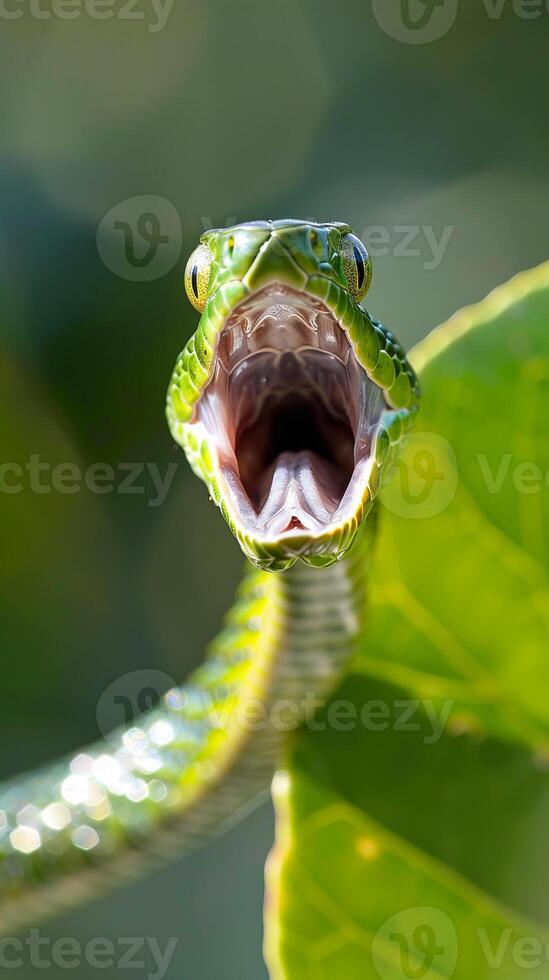 Green vine snake with open mouth photo
