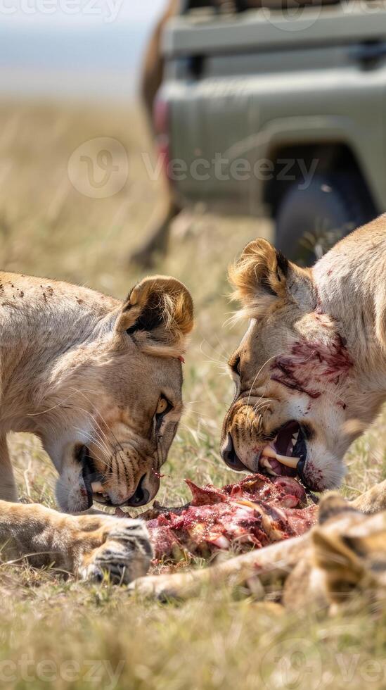 Lions feasting as safari vehicle watches in Maasai Mara photo