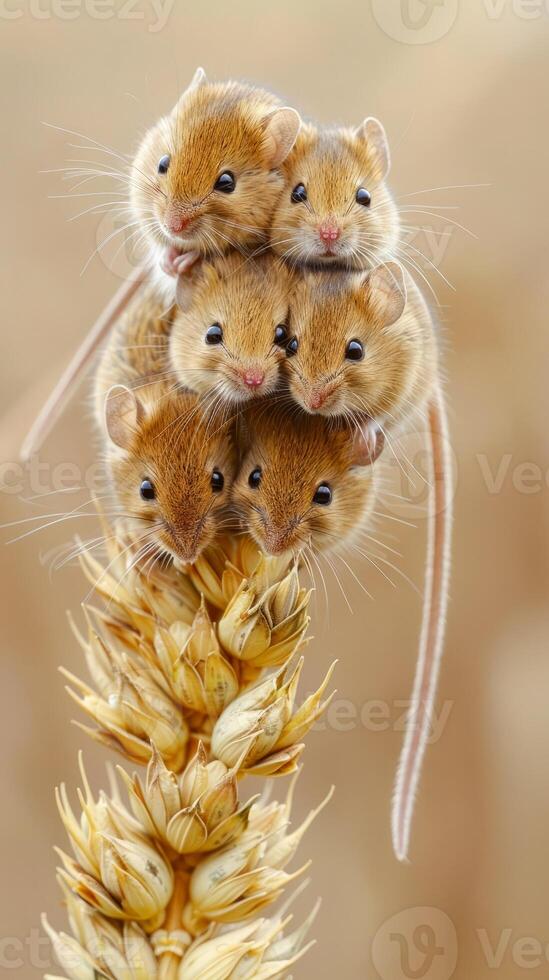 Adorable group of harvest mice on a wheat ear photo