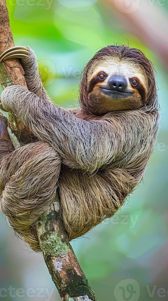Content sloth hugging tree branch photo