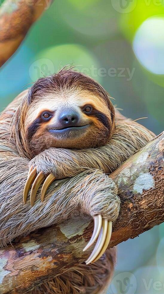 Cute sloth hanging on tree branch photo