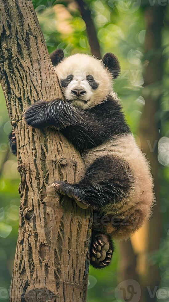 Cute panda bear hugging a tree trunk in Chinese forest photo