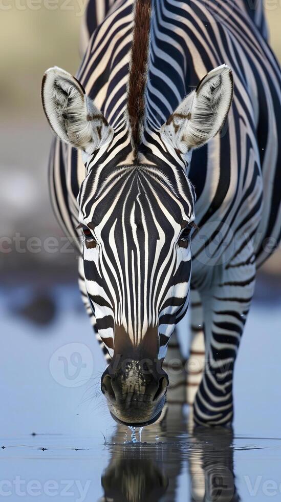 Plains zebra Equus quagga drinking at waterhole, close-up front view photo