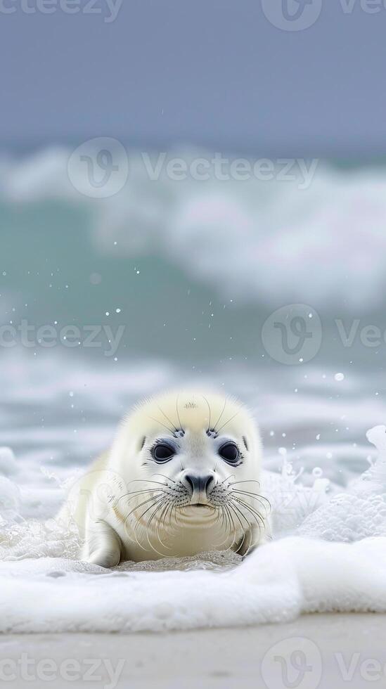 Seal pup resting on snowy beach photo