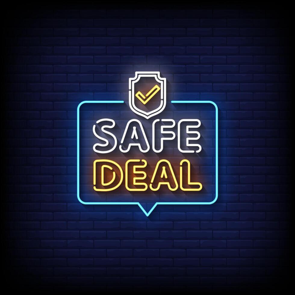 safe deal neon sign with brick wall background vector