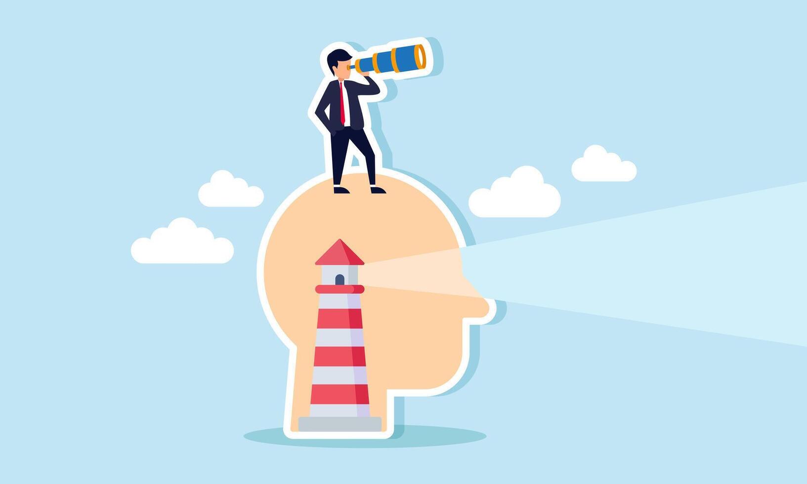 Vision involves discovering, facing challenges, and seeking career paths or strategies, concept of Businessman looking through a telescope with a lighthouse guiding light above his head vector
