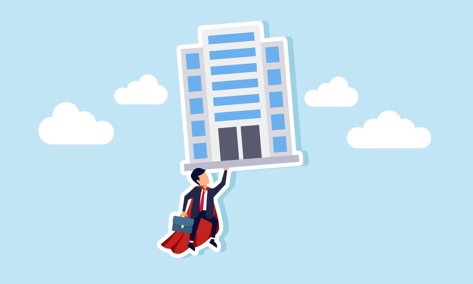Key role in a business, venture, or company concept of A businessman like Superman, flying and lifting company buildings vector