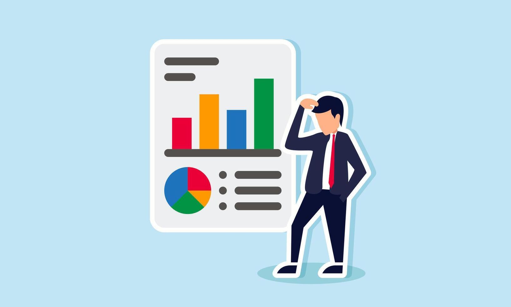 Complex data analysis with pie charts and graphs concept of A businessman confused by a complex data report vector