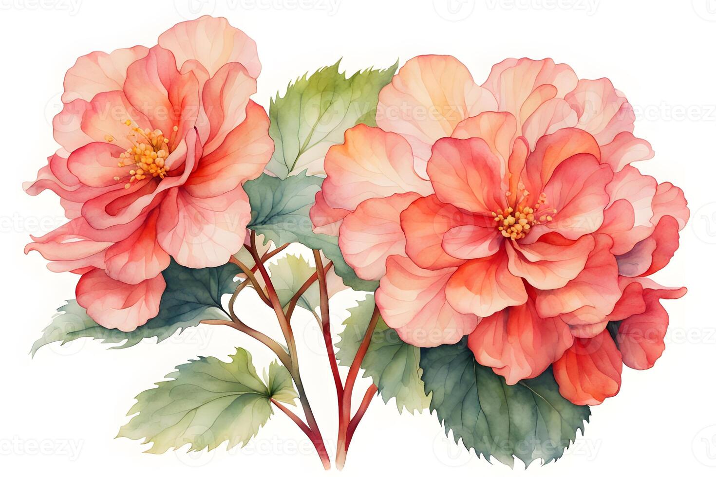 Watercolor begonia flower white background photo