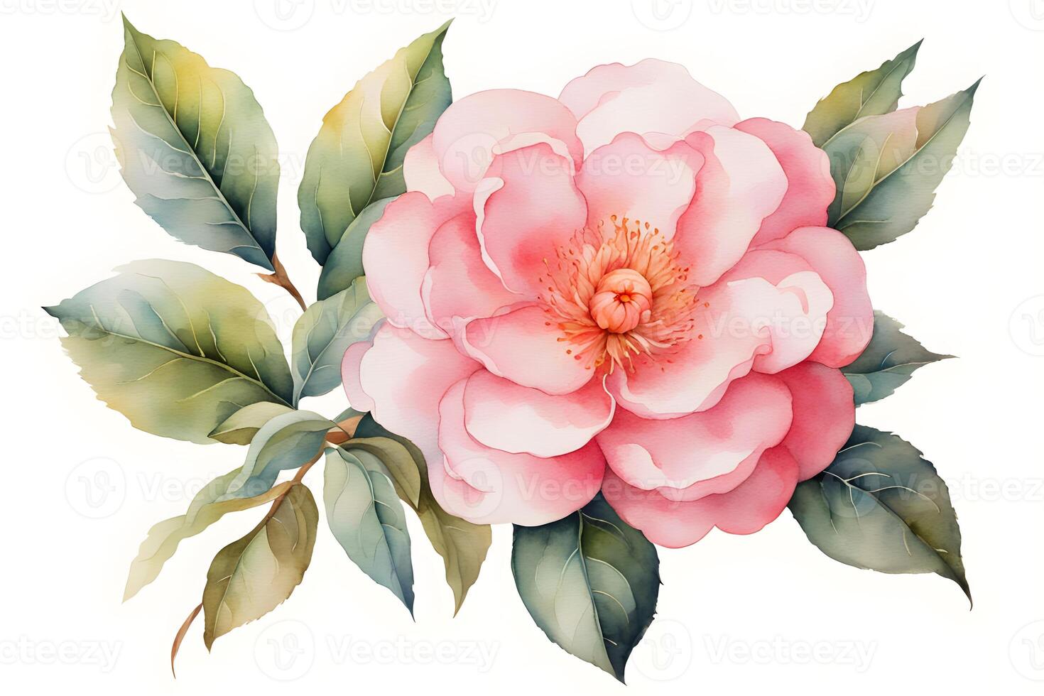 Watercolor camellia flower white backrgound photo