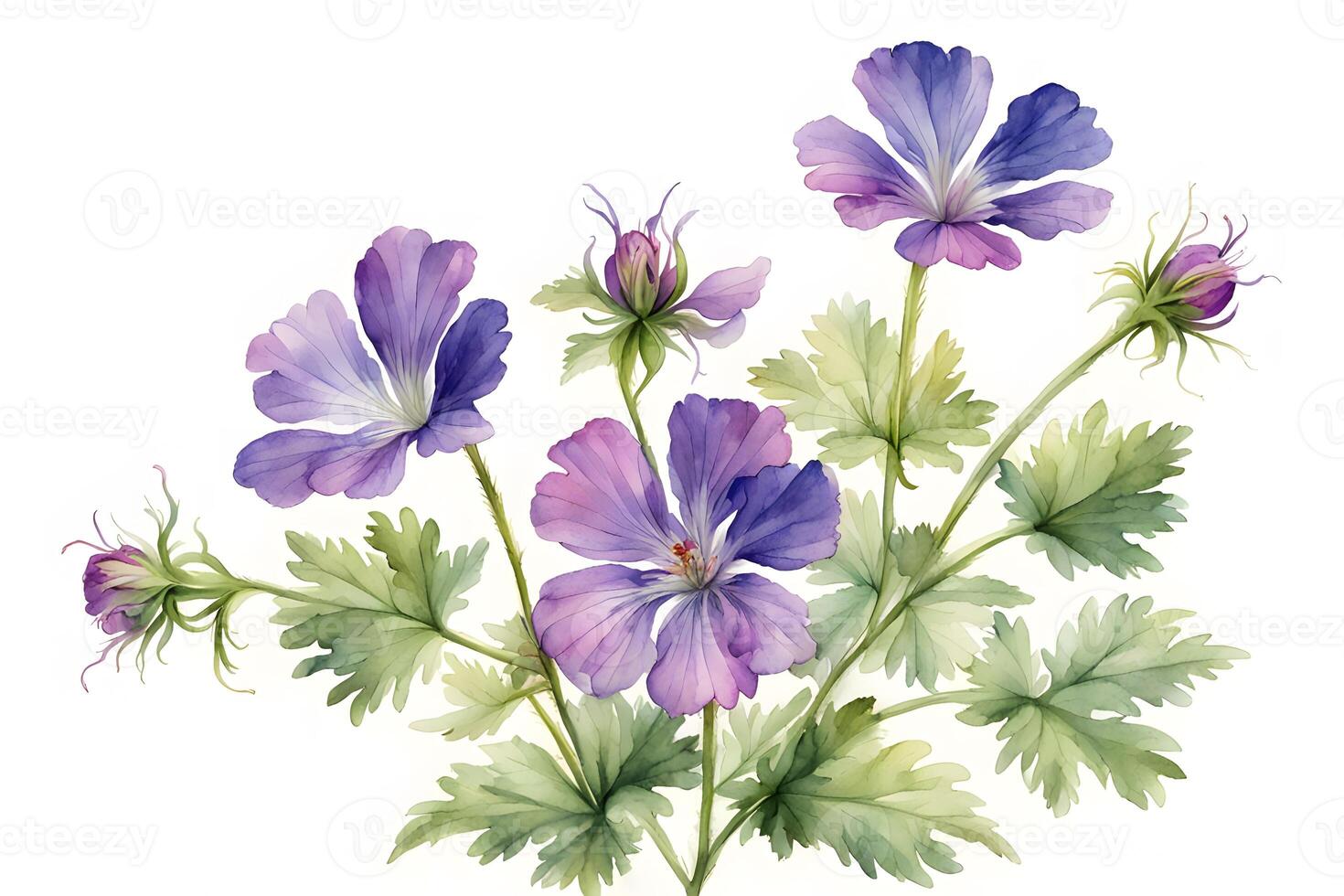 Watercolor cranesbill flower white background photo