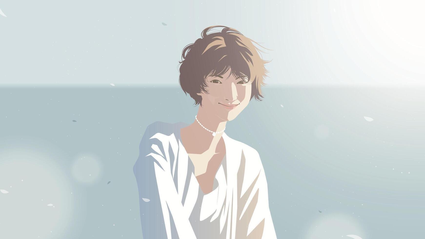 a beautiful Asian woman with short hair in a white dress is smiling happily at the beach with the sea horizon in the background vector