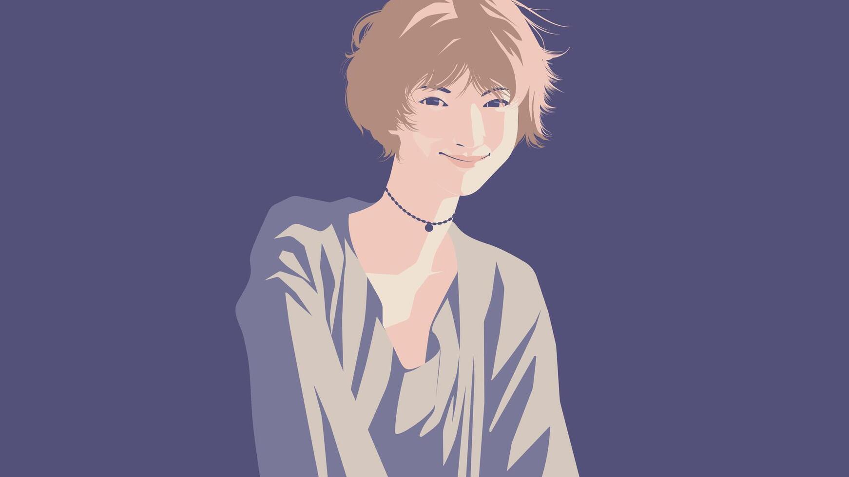 a young beautiful Asian woman with short hair wearing necklace in a violet dress is smiling happily vector