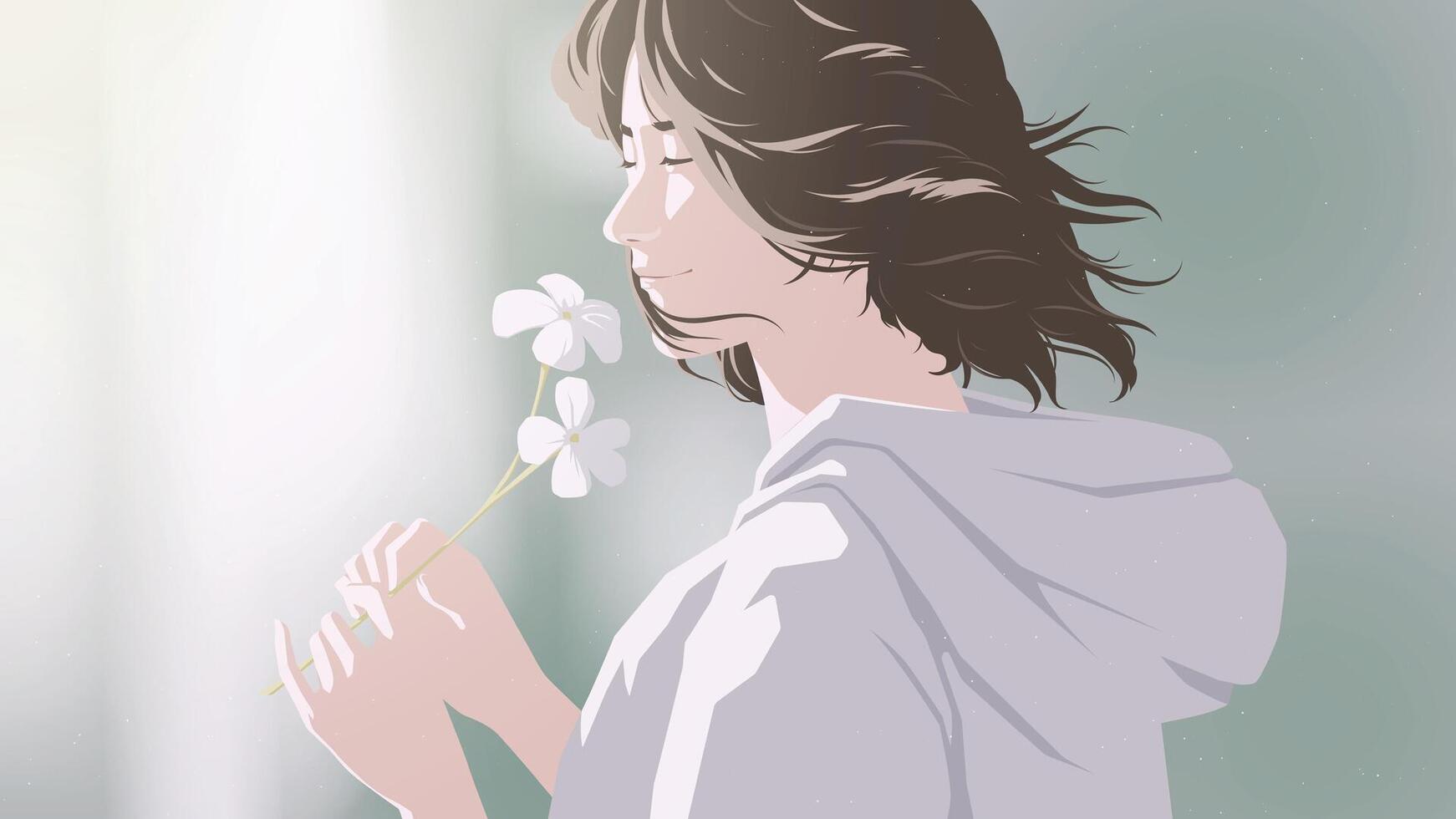 a young woman admiring and smelling the scent of flowers while there is sunlight shining down on a bright morning vector