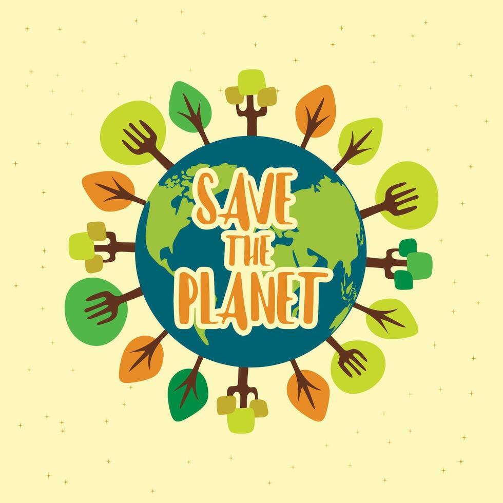Planet earth with trees in a circle, icon planet earth, ecology, tree, stone, mountain, ocean, land, globe. Flat design vector