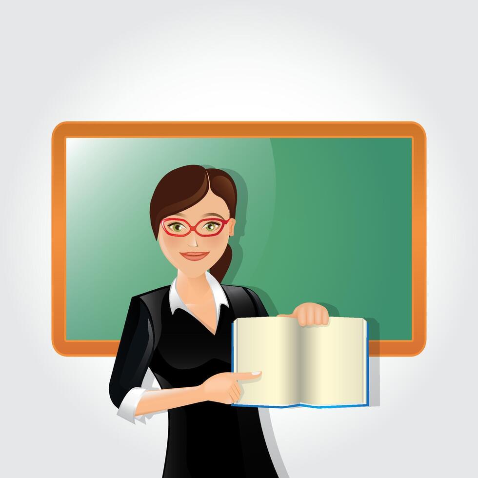 Female teacher in classroom teaching lesson pointing at greenboard and holding book vector