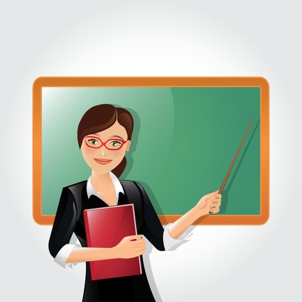 Female teacher in classroom teaching lesson pointing at greenboard and holding book vector