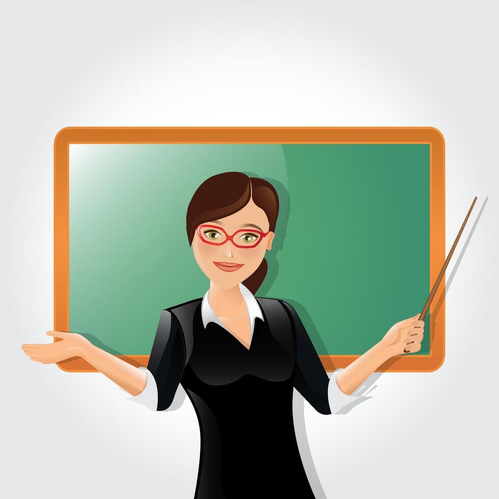 Young female teacher near blackboard teaching student in classroom at school, college or university. Flat design cartoon woman character vector