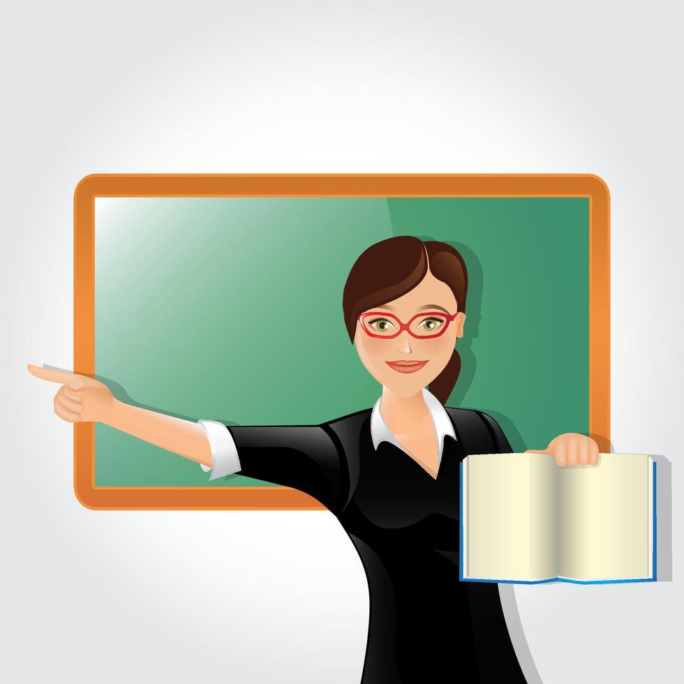 Female teacher in classroom teaching lesson pointing at greenboard and holding book vector