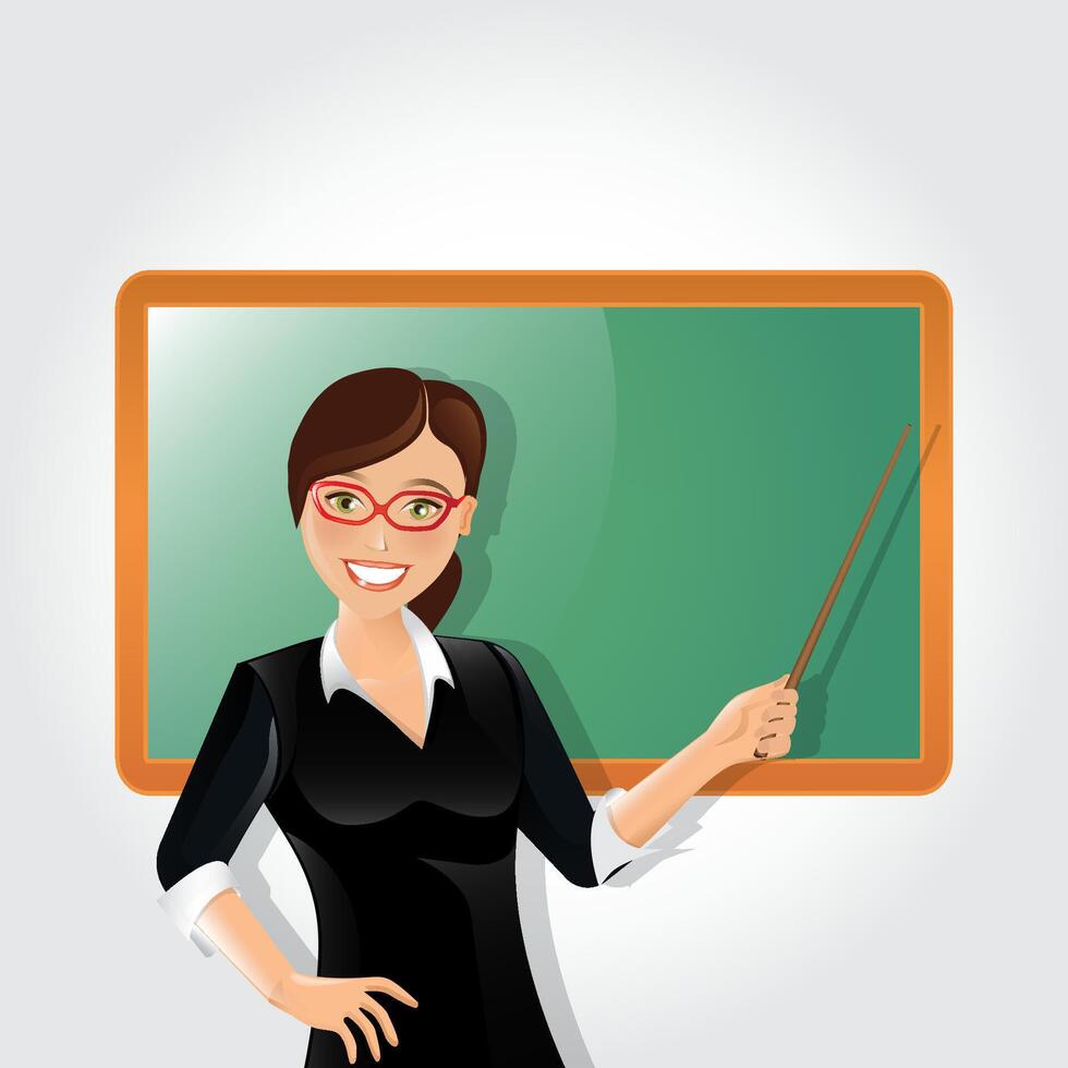 Young female teacher near blackboard teaching student in classroom at school, college or university. Flat design cartoon woman character vector