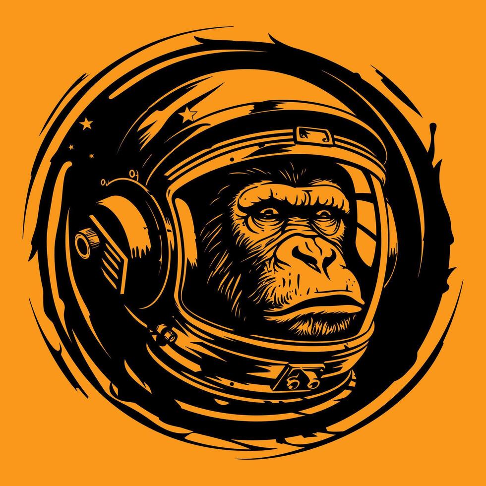 Illustration of monkey head wearing Astronaut helmet with orange background vector