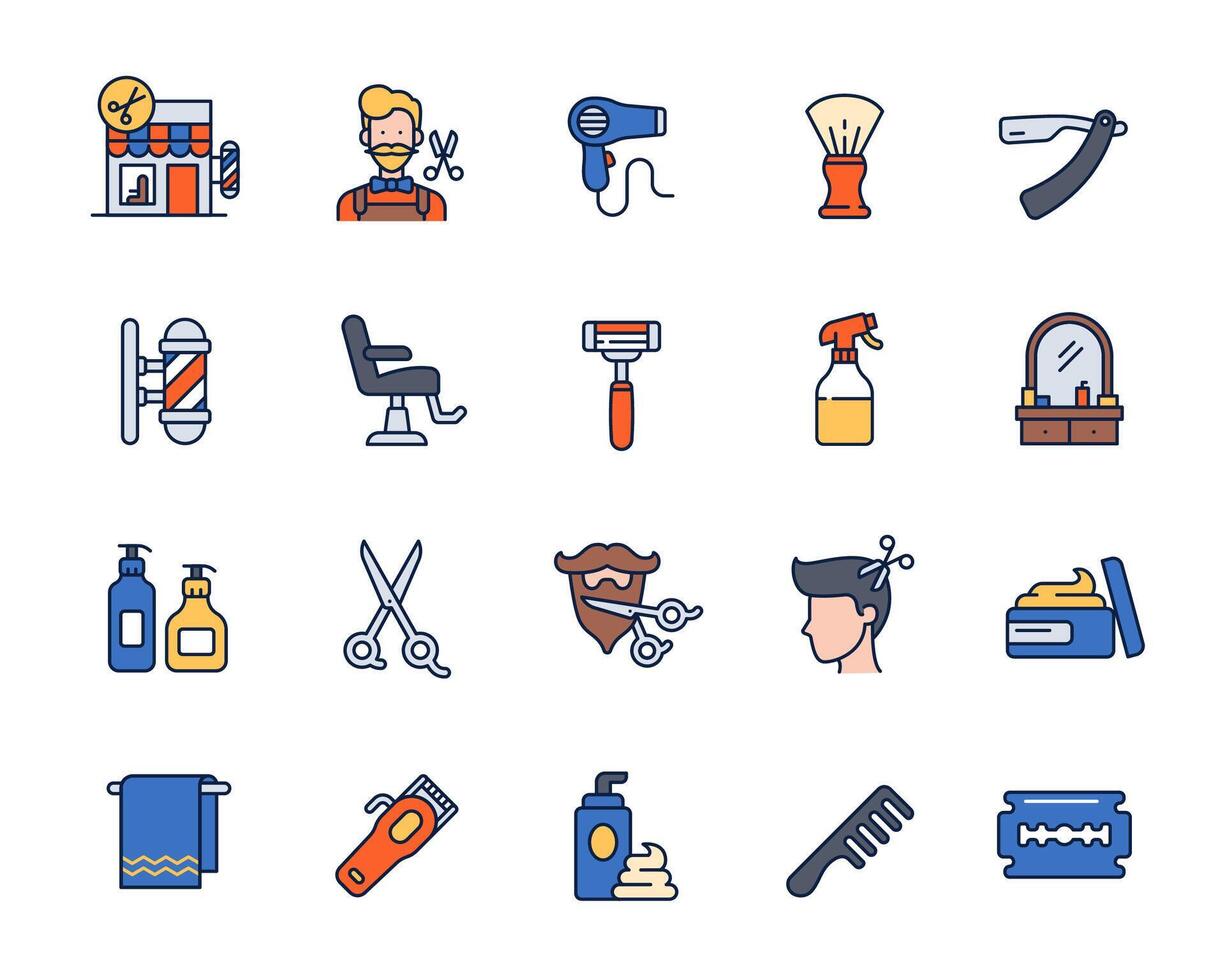 Barbershop icon set, Barber equipment and tools in outline color style vector