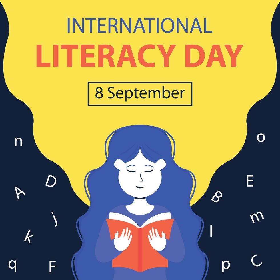 illustration graphic of a woman is reading a book, displaying floating alphabet letters, perfect for international day, international literacy day, celebrate, greeting card, etc. vector