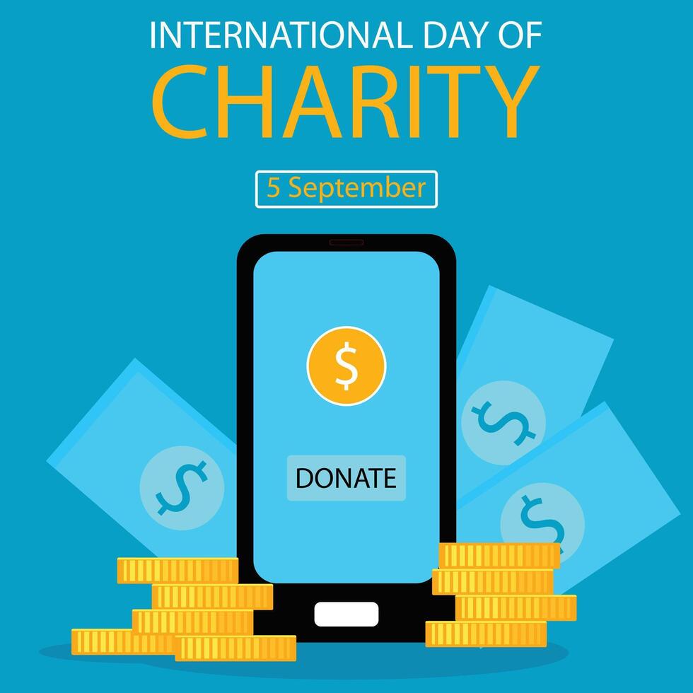 illustration graphic of donation via smartphone, showing coins scattered around, perfect for international day, international day of charity, celebrate, greeting card, etc vector
