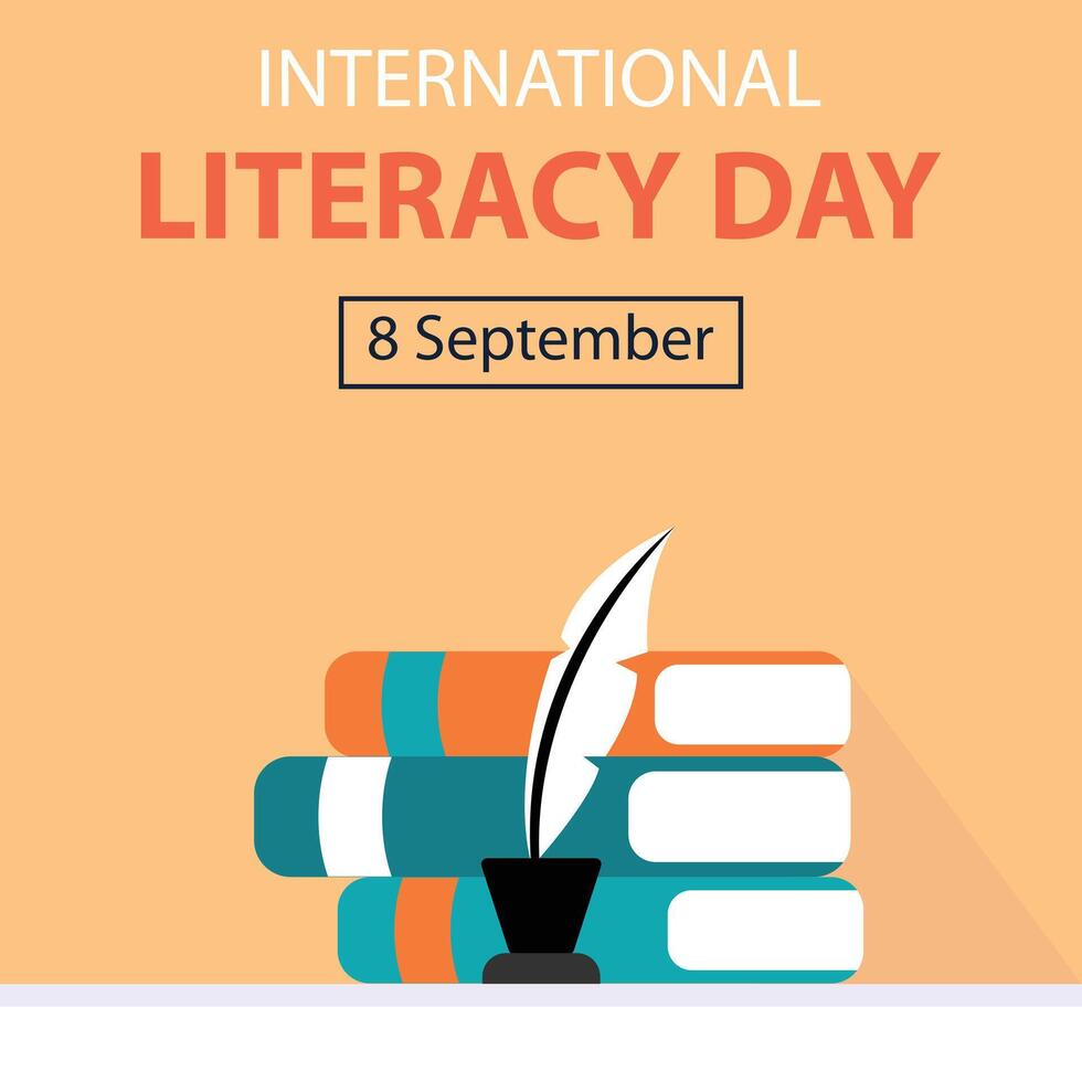 illustration graphic of quills and stacks of books on the table, perfect for international day, international literacy day, celebrate, greeting card, etc. vector