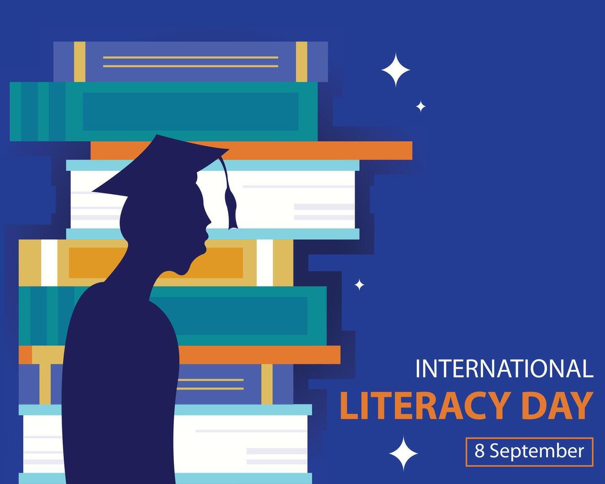 illustration graphic of silhouette of a scholar against the background of a pile of books, perfect for international day, international literacy day, celebrate, greeting card, etc. vector