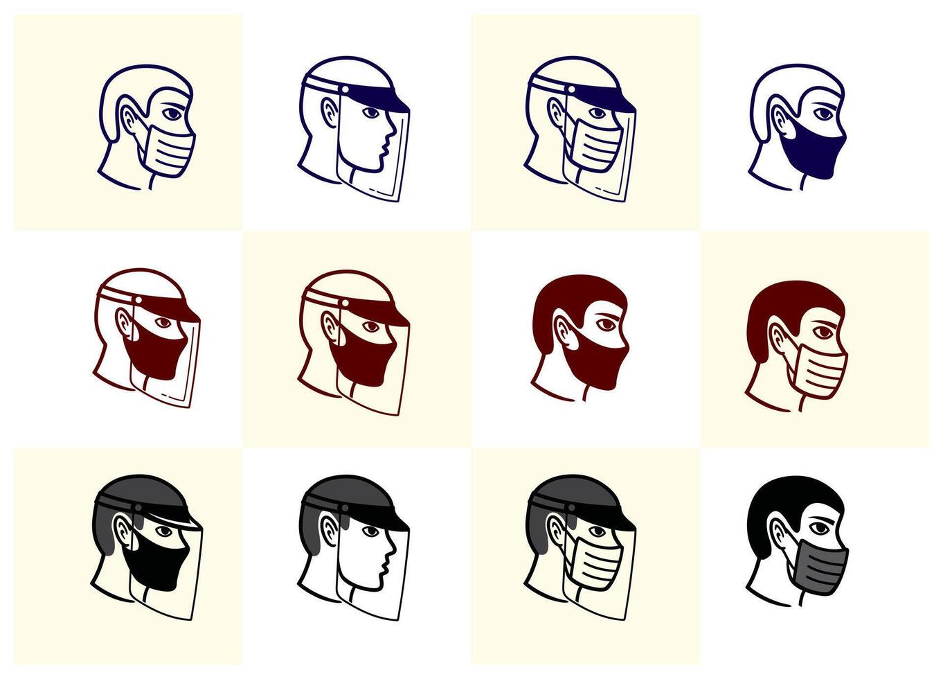 Man Head using Face Shield and Health Mask silhouette illustration set vector